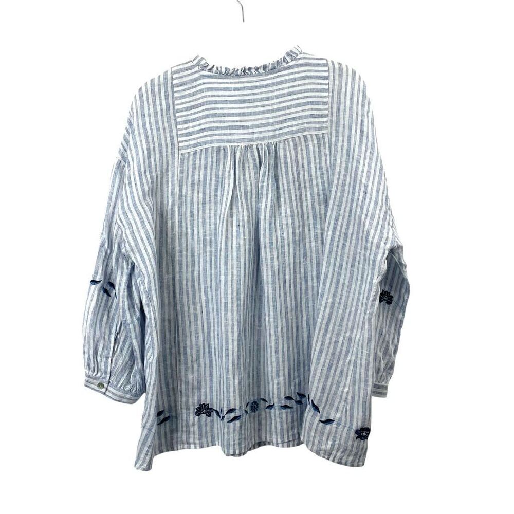 J. Jill 100% linen embroidered floral striped popover shirt top size M blue - Picture 7 of 8